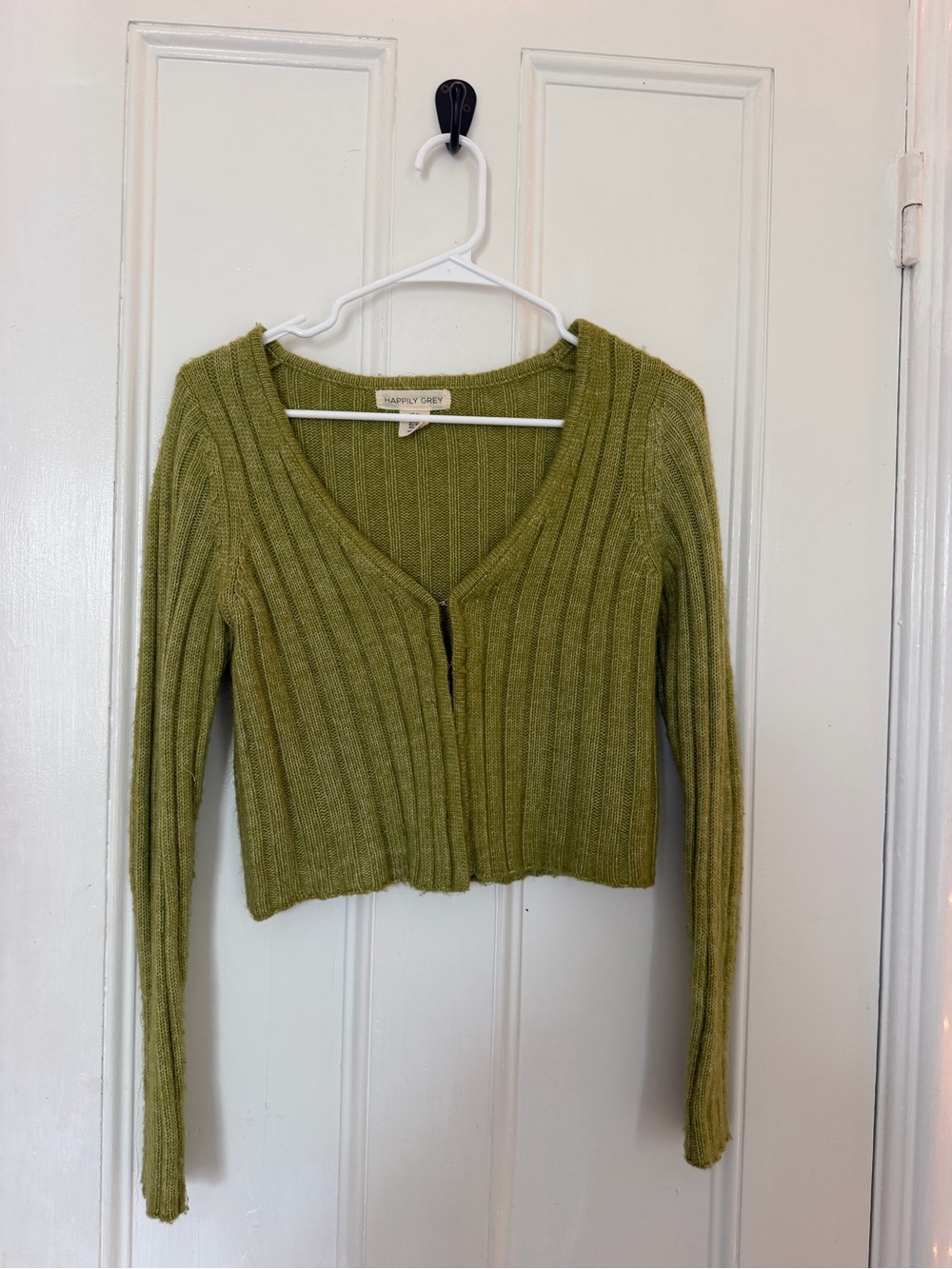 Happily Grey Olive Ribbed V-Neck Cropped Cardigan